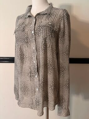 Miha Sheer Heart Print Button Down Blouse Fringe Trim Size 6